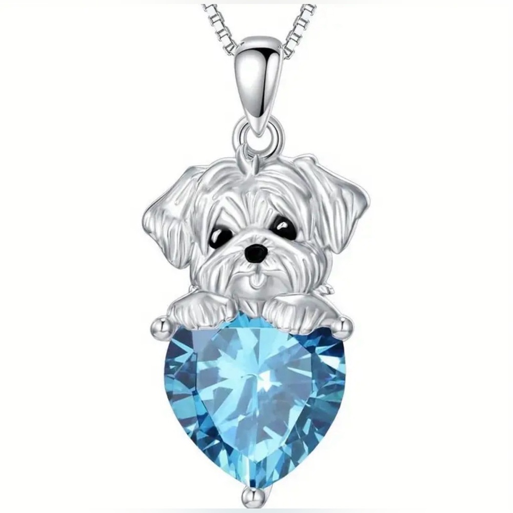 Silver Dog Pendant Necklace with Blue Gemstone